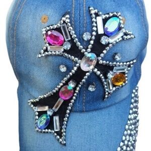 Denim Cap with Rhinestone Cross